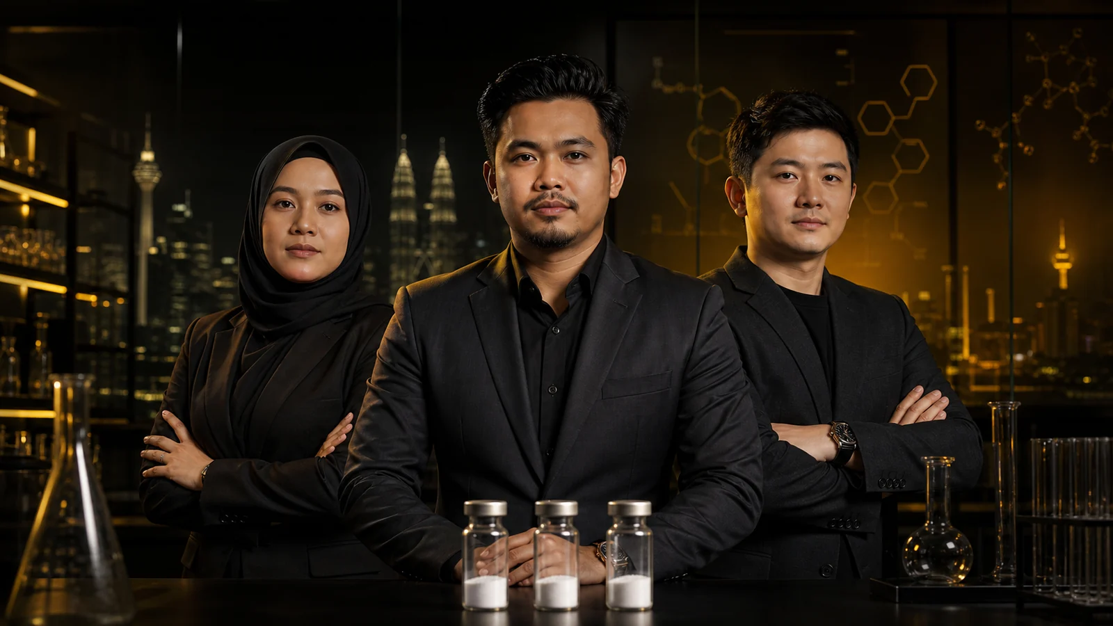 Three fictional Malaysian education models in a research setting with generic peptide powder vials